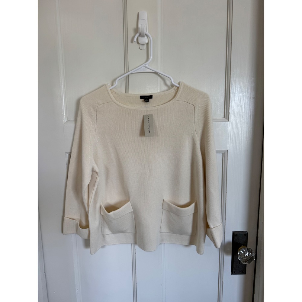 NWT Ann Taylor ivory pocket cuffed sleeve sweater size small